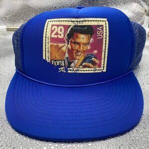 VTG Gold Medal Elvis Presley Stamp Trucker Hat Mens OS Blue Graphic Snapback Cap